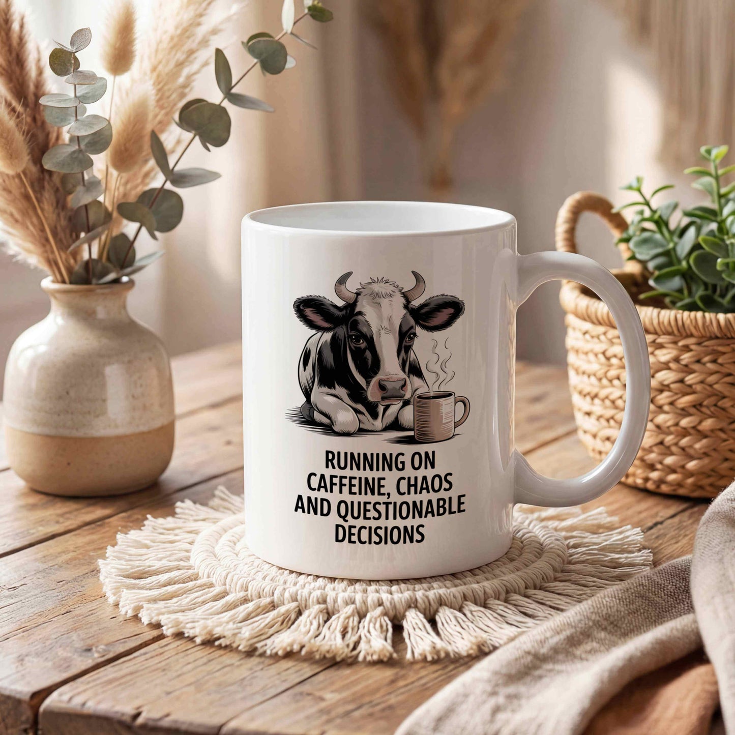 Running on Caffeine, Chaos and Questionable Decisions Mug 🐄☕