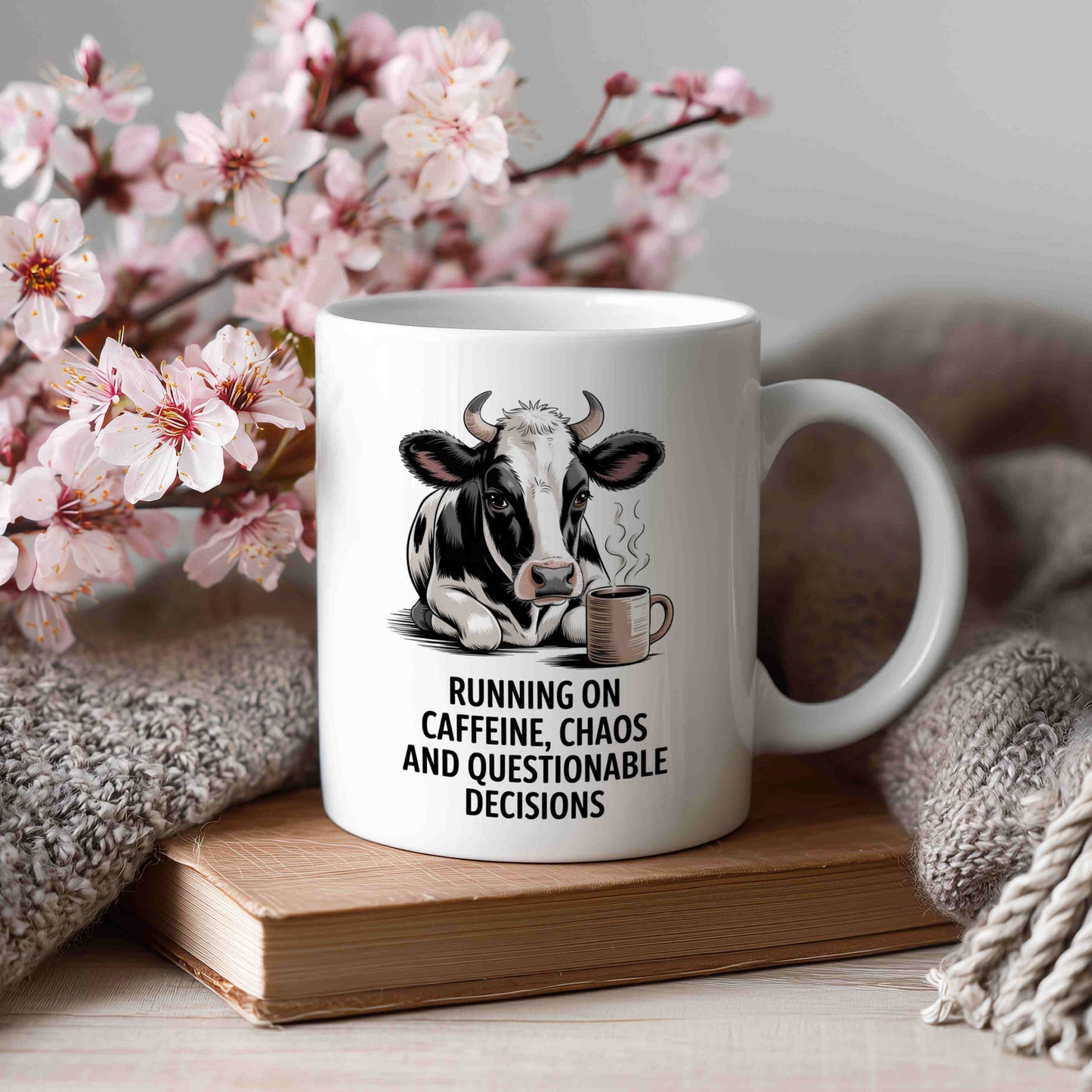 Running on Caffeine, Chaos and Questionable Decisions Mug 🐄☕