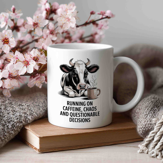 Running on Caffeine, Chaos and Questionable Decisions Mug 🐄☕